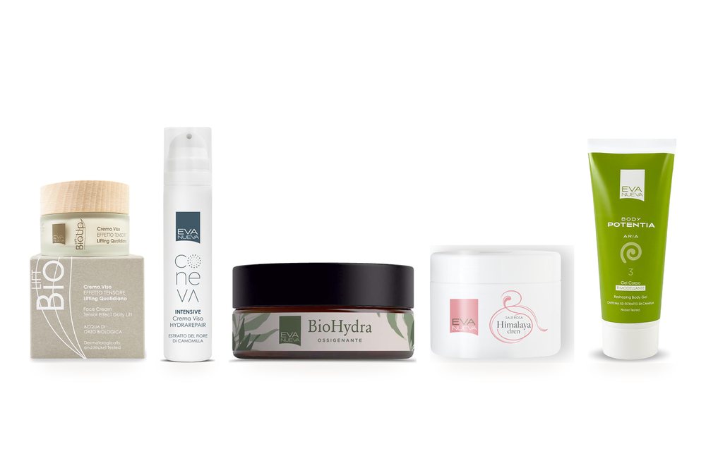 Prodotti professionali Eva Nueva usati al Centro Estetico Trilogy: Lift BioUp, Coneva, Bio Hydra, Sale Rosa Himalaya Dren e Body Potentia
